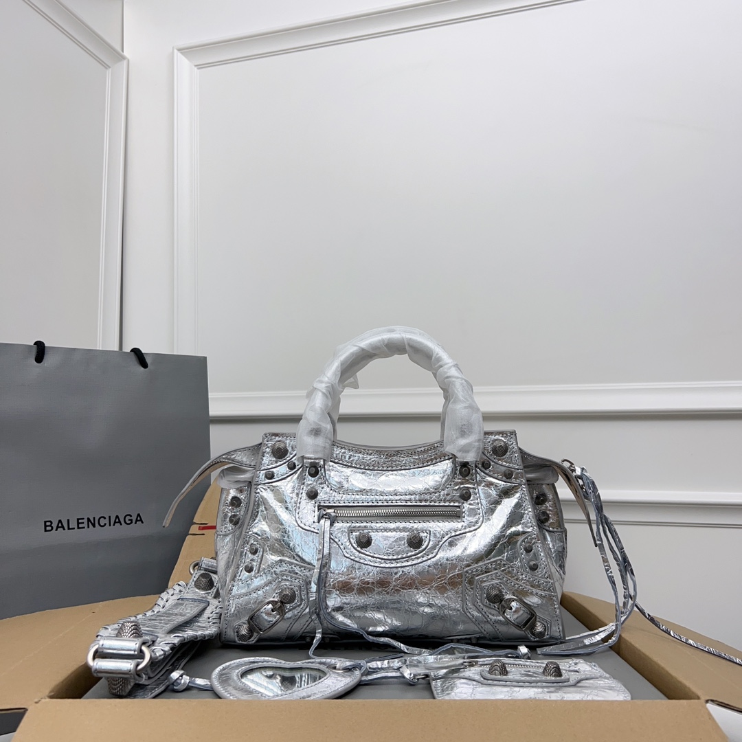 Balenciaga Le City Medium Silver Leather Shoulder Bag
