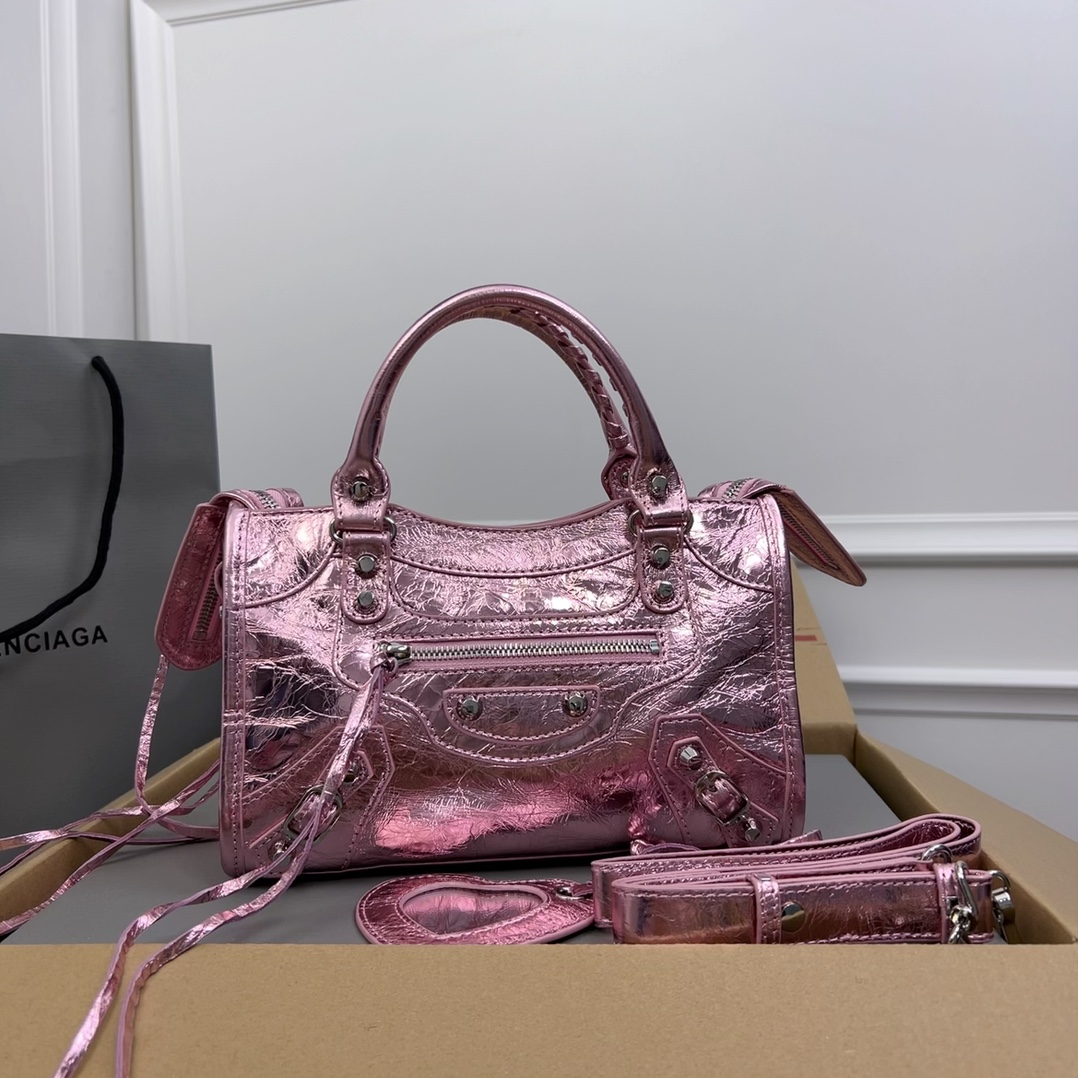 BALENCIAGA Metallic Agneau Arena Crystal Neo Cagole Handbag XS Met Pink 1588584