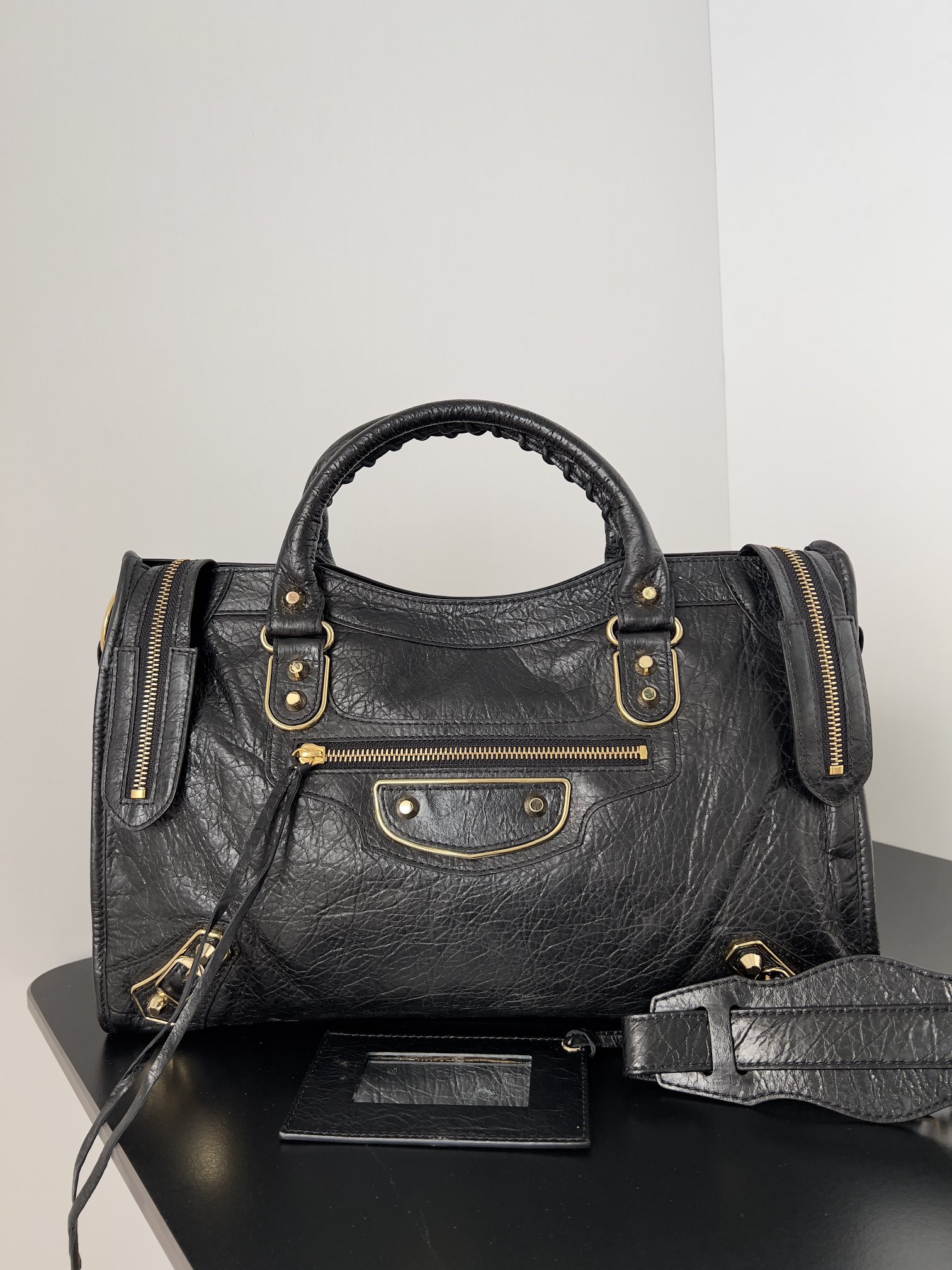 Balenciaga Black Grained Chevre Leather Metallic Edge black