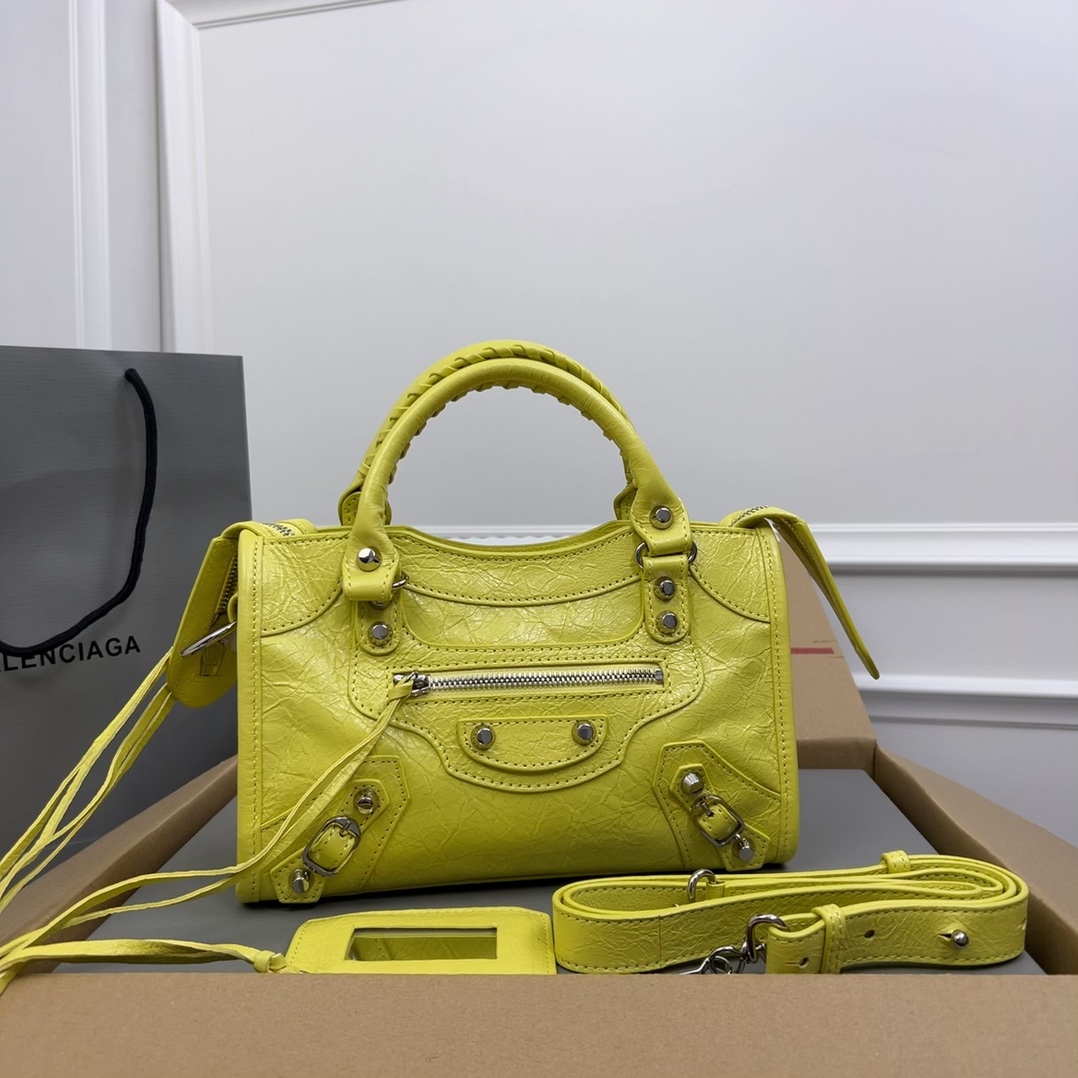BALENCIAGA Agneau Classic Silver Hardware Mini City Lime