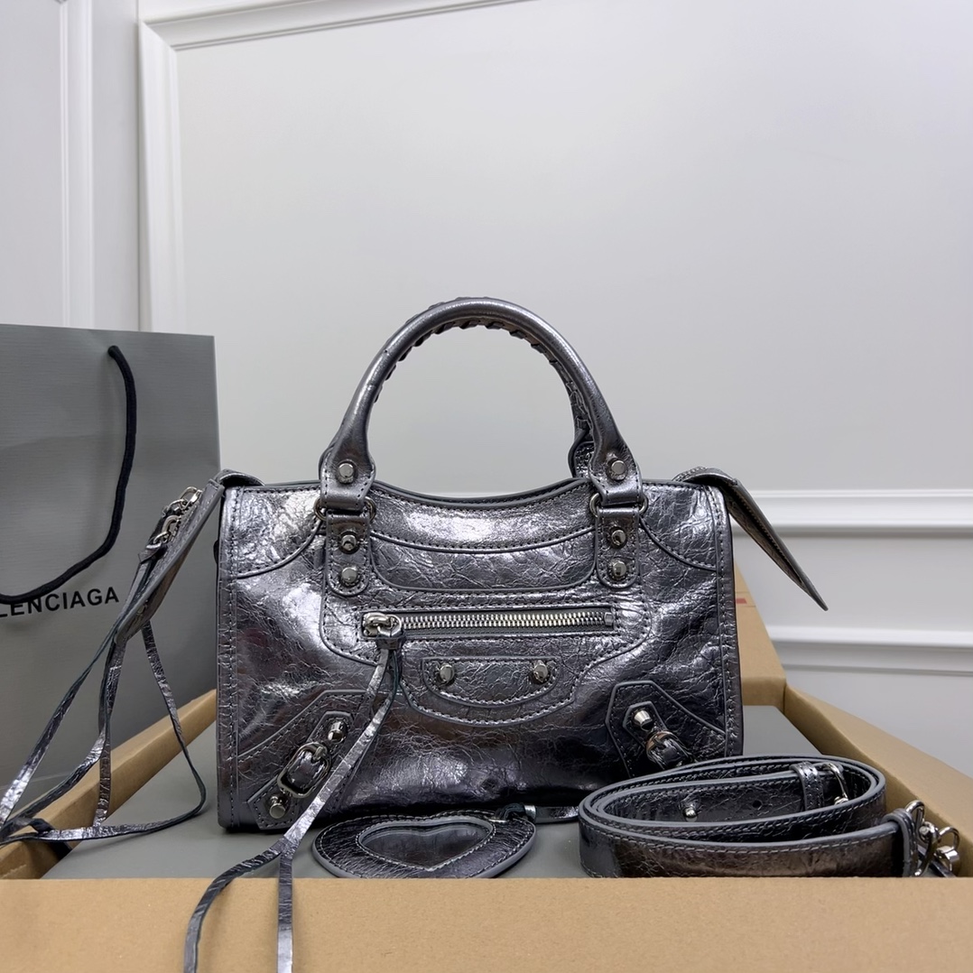 Balenciaga Neo Kagor XS Leather 2 Way Handbag Silver