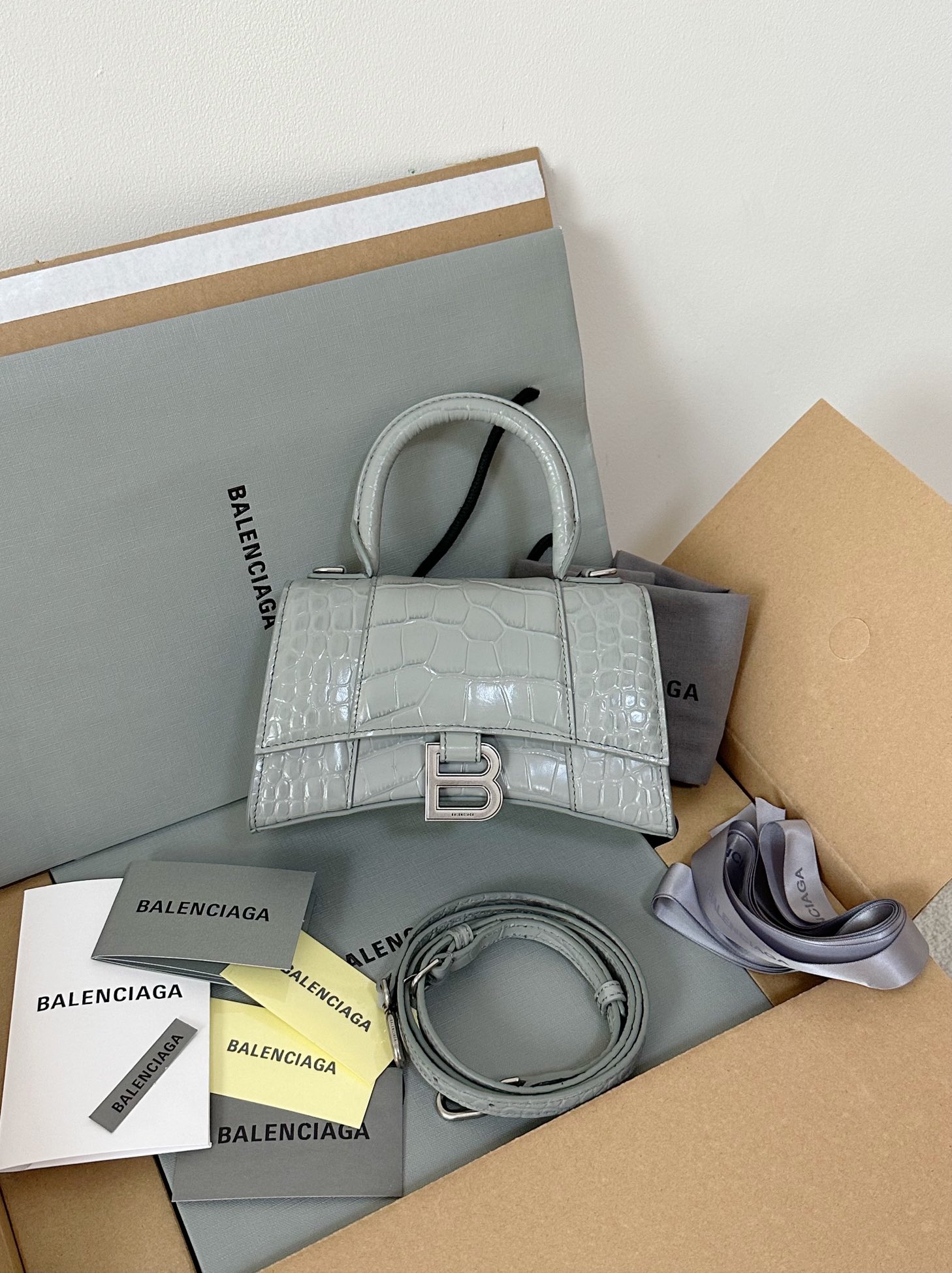 Balenciaga Embossed Leather Top Handle Bag – Grey Handle