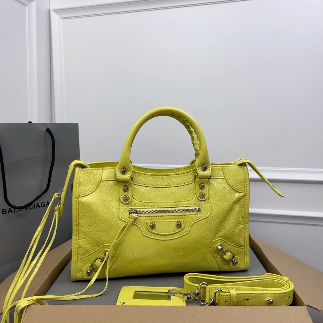 BALENCIAGA Agneau Classic Silver Hardware City Jaune Flu