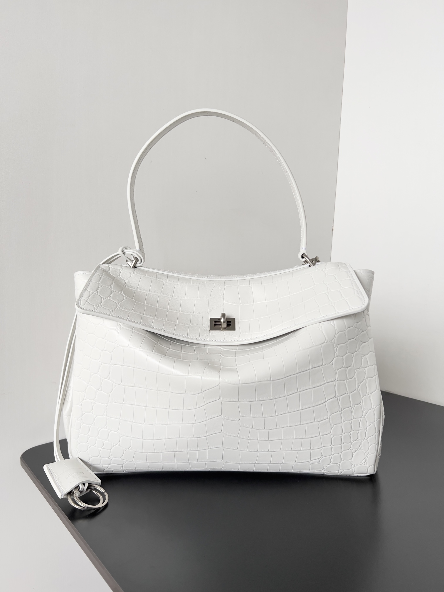 Balenciaga Large Rodeo Croc-Embossed Tote Bag – White