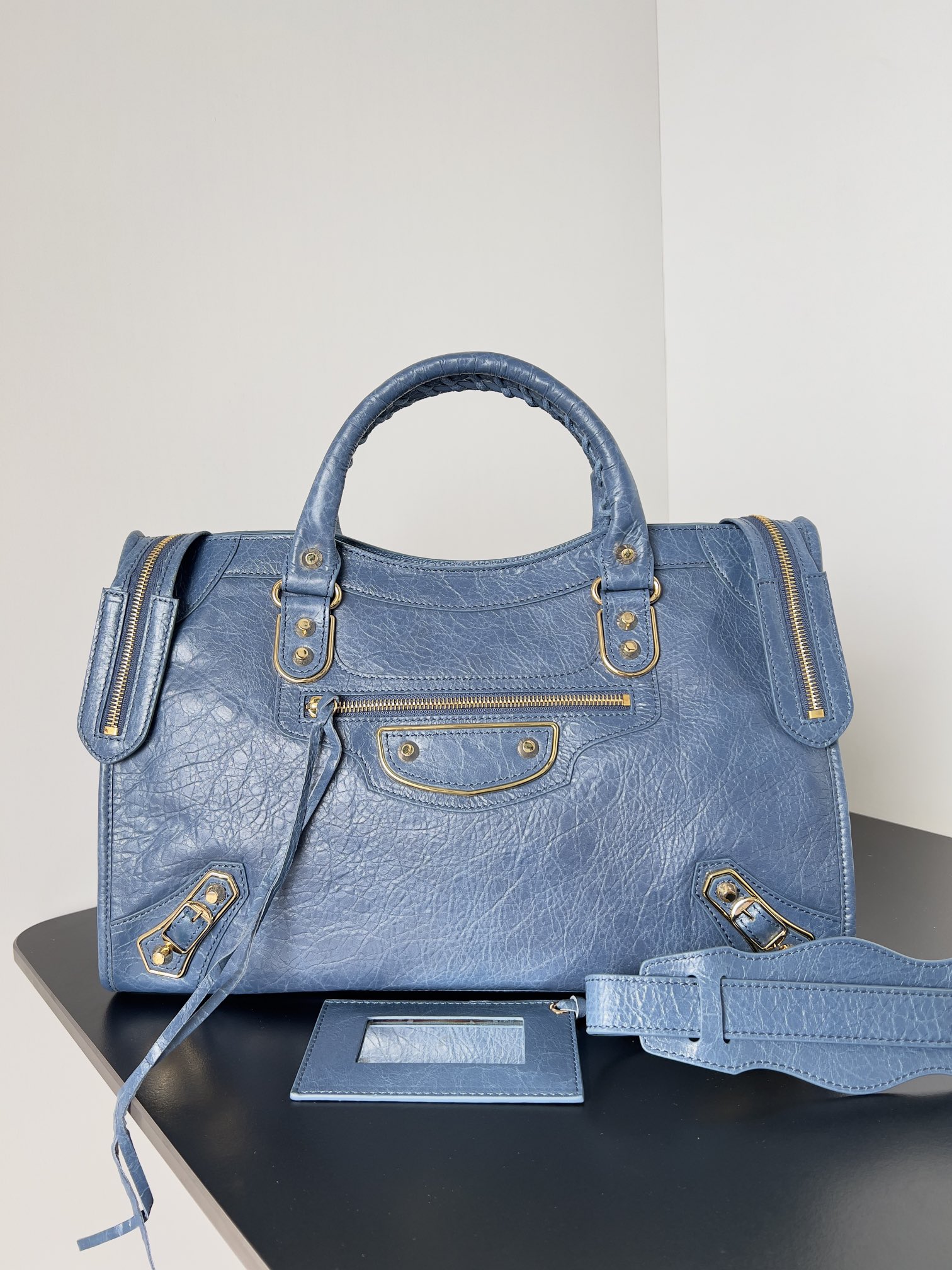 Balenciaga Blue Persian Lambskin Leather Motorcycle Velo Bag