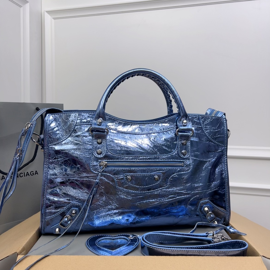 Balenciaga Blue Mineral Lambskin Leather Motorcycle City Bag