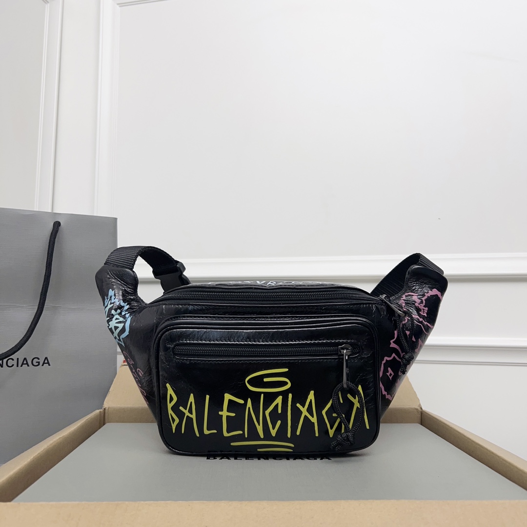 BALENCIAGA Agneau Arena Graffiti All Over Explorer Belt Bag Black Multicolor 1176667