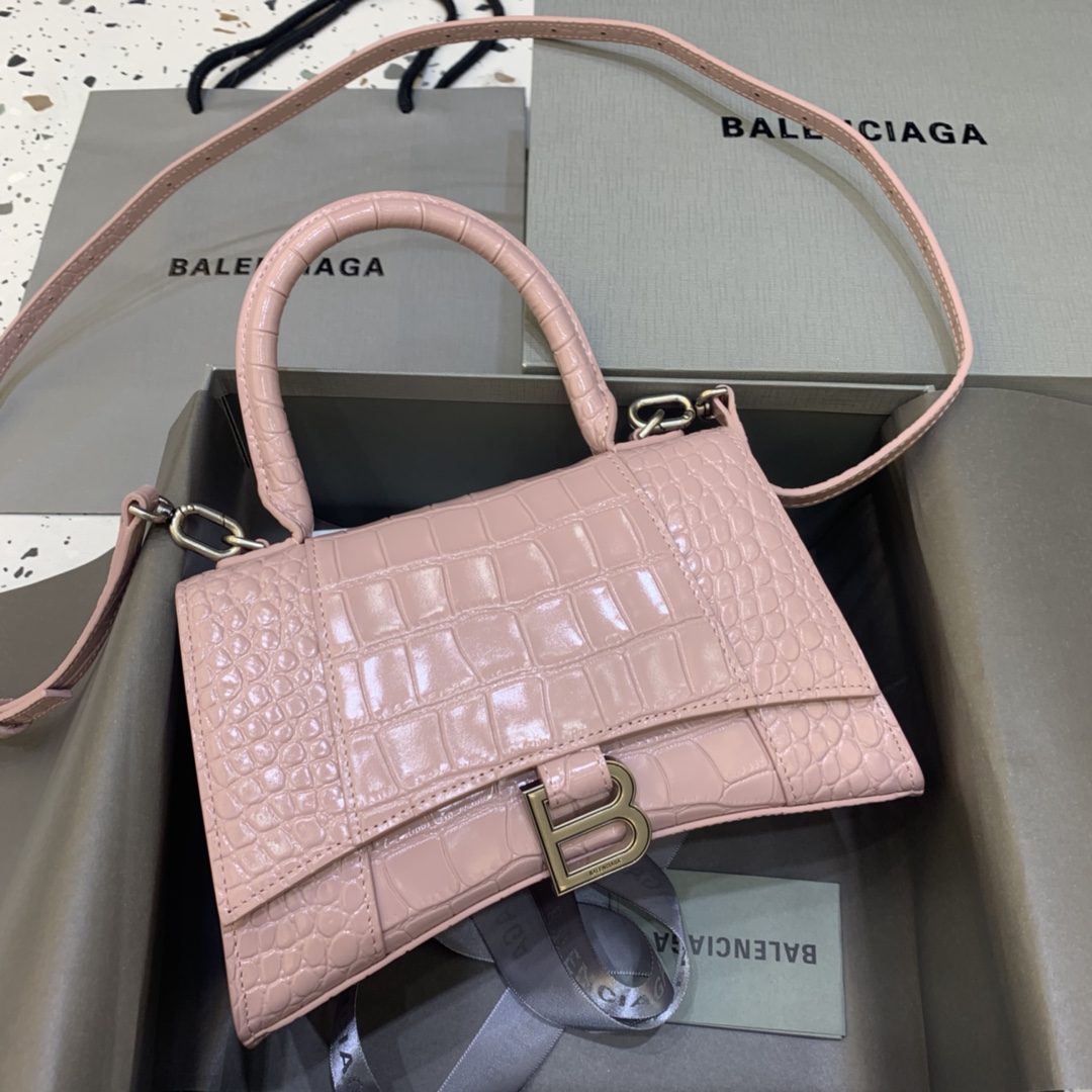 BALENCIAGA Shiny Calfskin Crocodile Embossed Small Hourglass Top Handle Bag Powder Pink 1284909