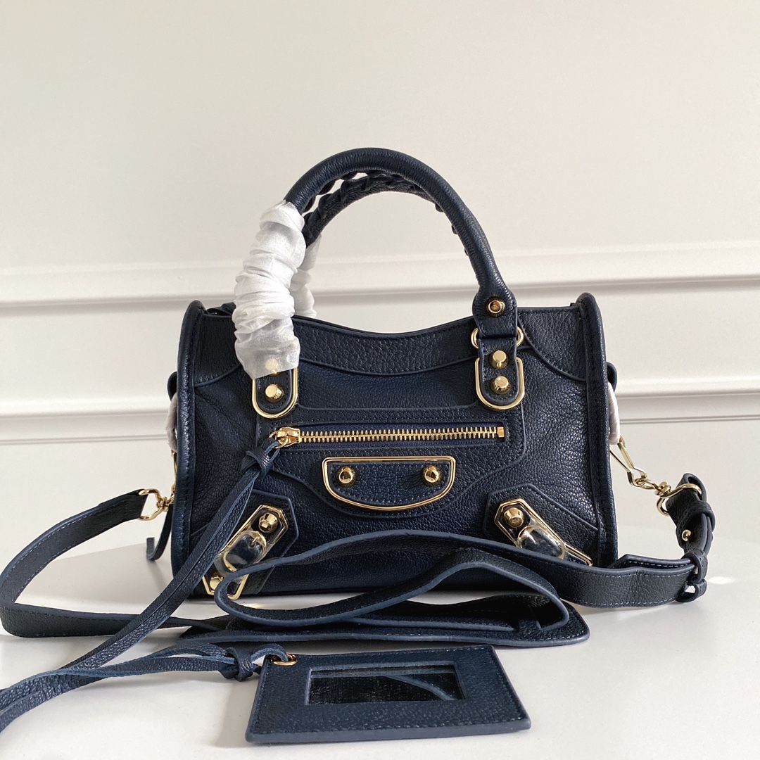 Balenciaga Navy Blue Leather Mini Classic Metallic Edge City