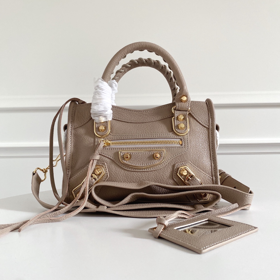 BALENCIAGA Chevre Gold Metallic Edge Hardware Mini PINK BROWM