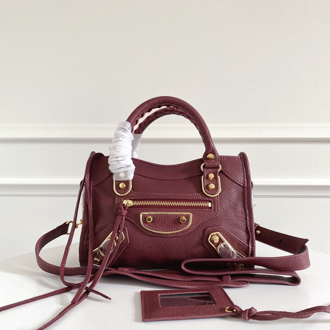 BALENCIAGA Chevre Gold Metallic Edge Hardware Mini City Rouge Grenat 1050791