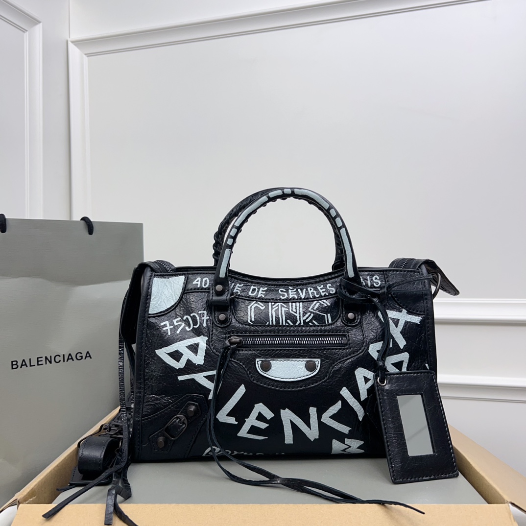 Balenciaga Black Leather Graffiti Print Classic Small City