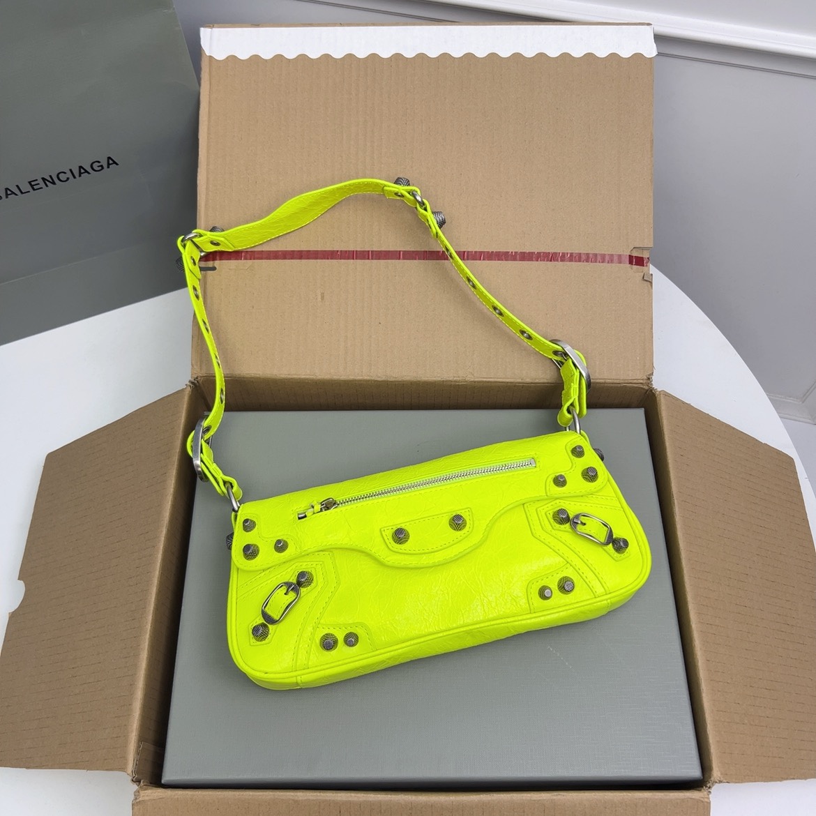 BALENCIAGA Agneau Arena Le Cagole Shoulder Bag XS Fluo
