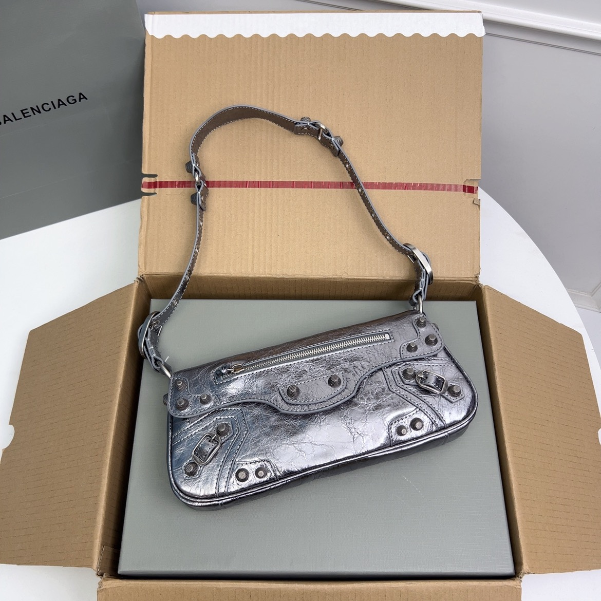 Balenciaga Small Le Cagole Metallic Shoulder Bag | Silver