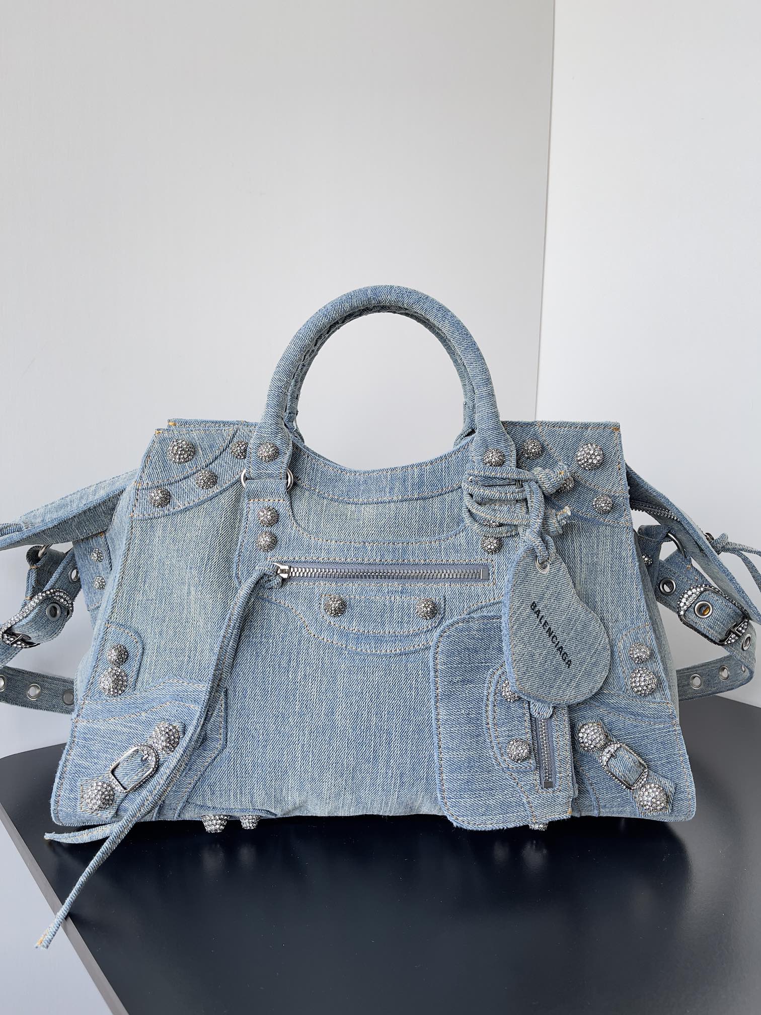 BALENCIAGA Washed Frayed Denim Crystal Crystal Neo