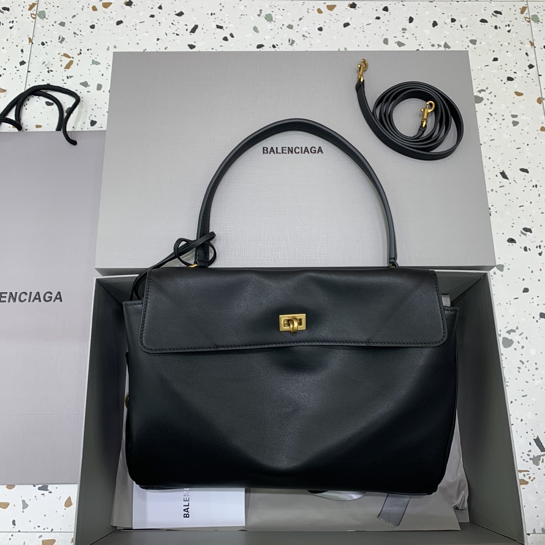BALENCIAGA Rodeo Medium  Black With Gold Leather Handbag New And