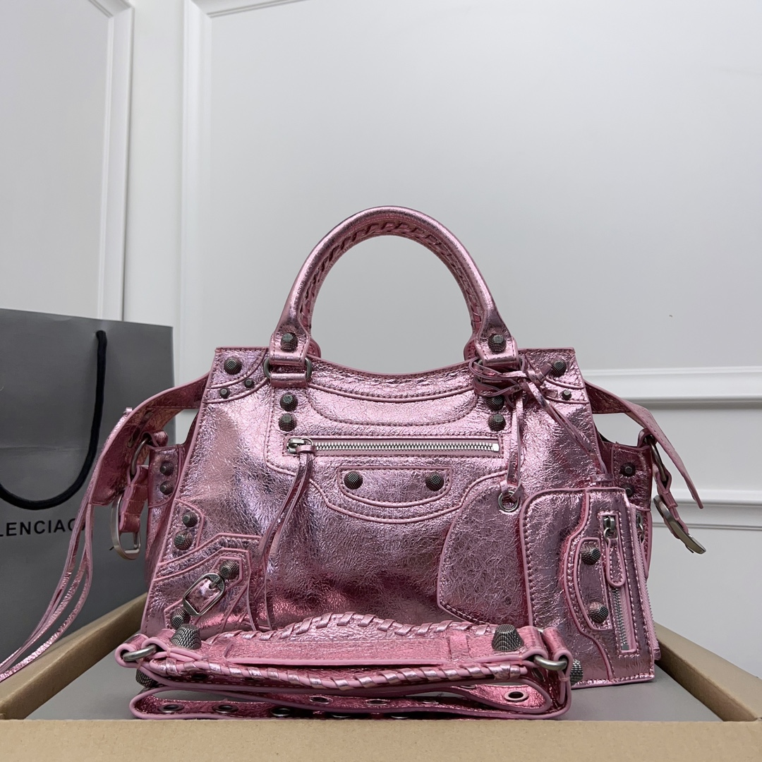 BALENCIAGA Metallic Agneau Arena Crystal Neo Cagole Handbag XS Met Pink 158858