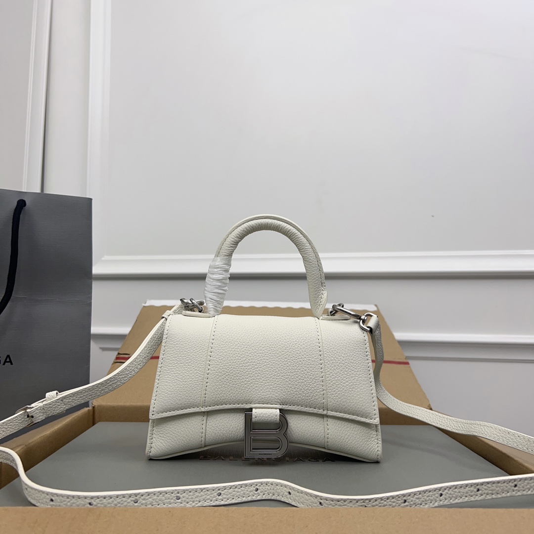 BALENCIAGA Grained Calfskin Small Hourglass Top Handle Bag White 901629