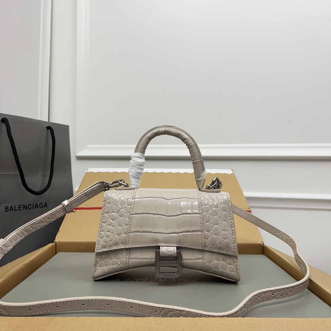 Balenciaga Hourglass Top Handle Bag Crocodile Embossed Leather Small Gray 2184391 Balenciaga 00879