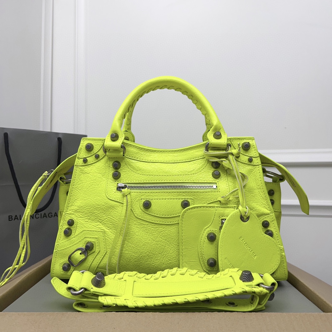 Balenciaga Leather Motocross Twiggy – Yellow GREEN Handle Bags,