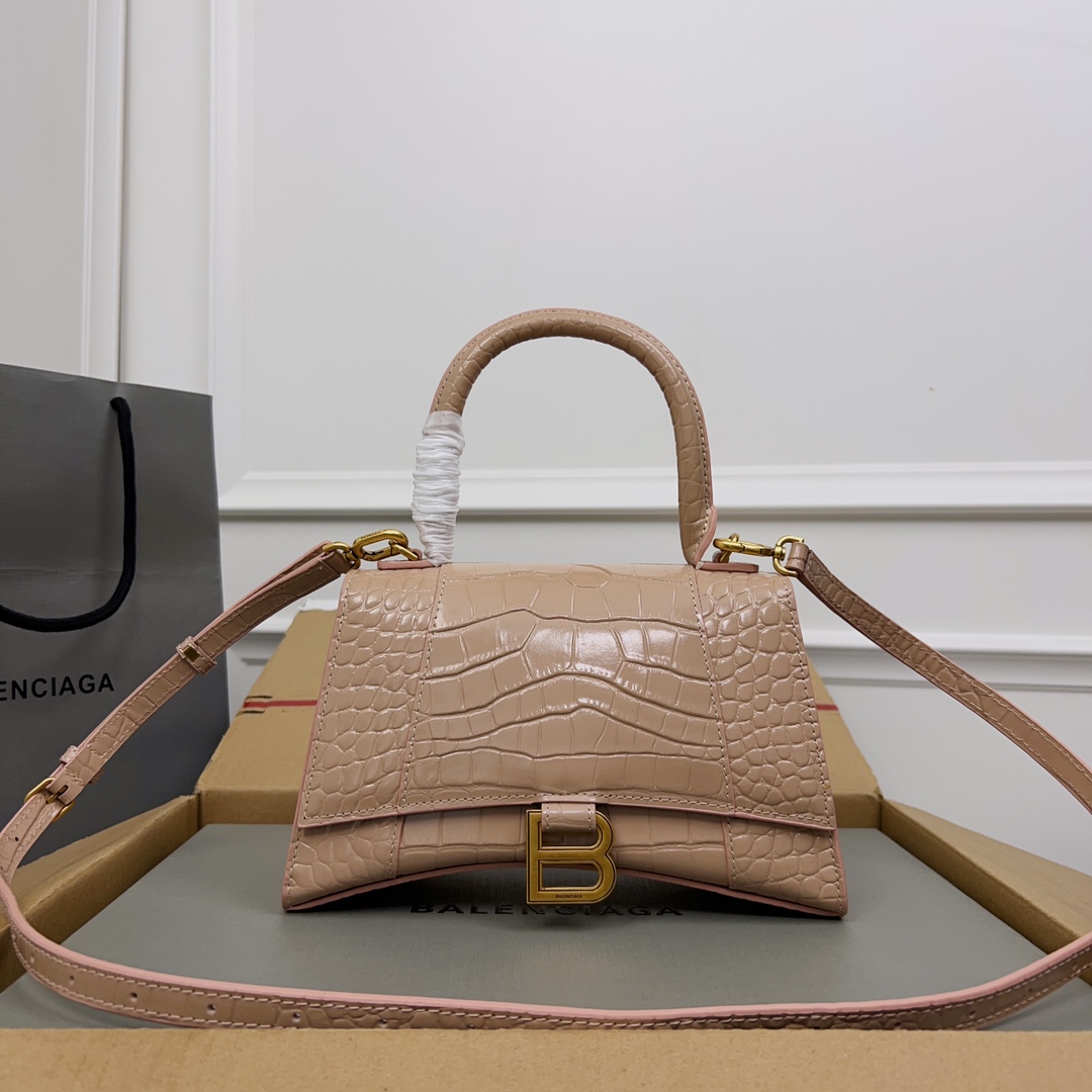 BALENCIAGA Shiny Calfskin Crocodile Embossed Small Hourglass Top Handle Bag