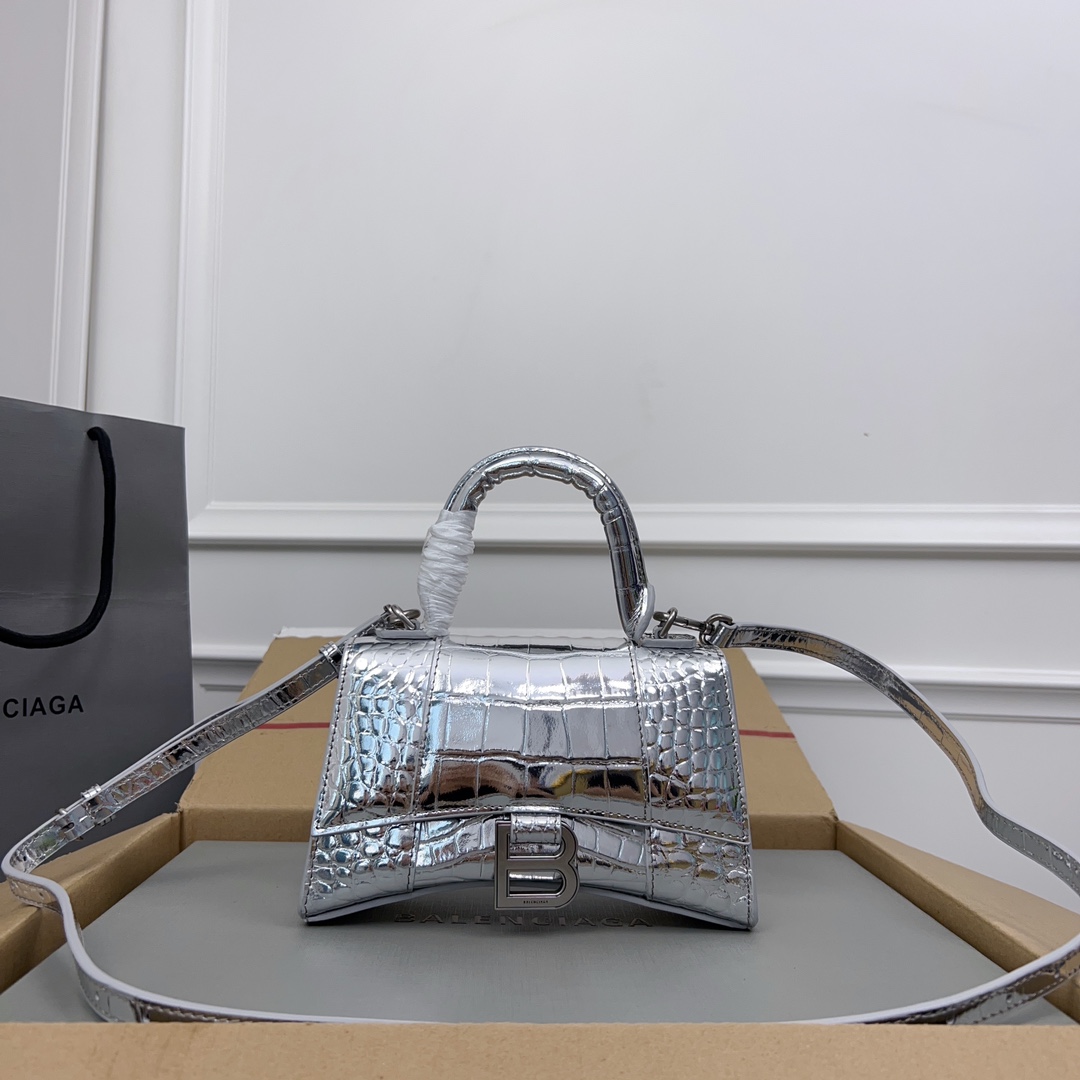 BALENCIAGA Metallic Calfskin Crocodile Embossed Hourglass Top Handle Bag XS Silver