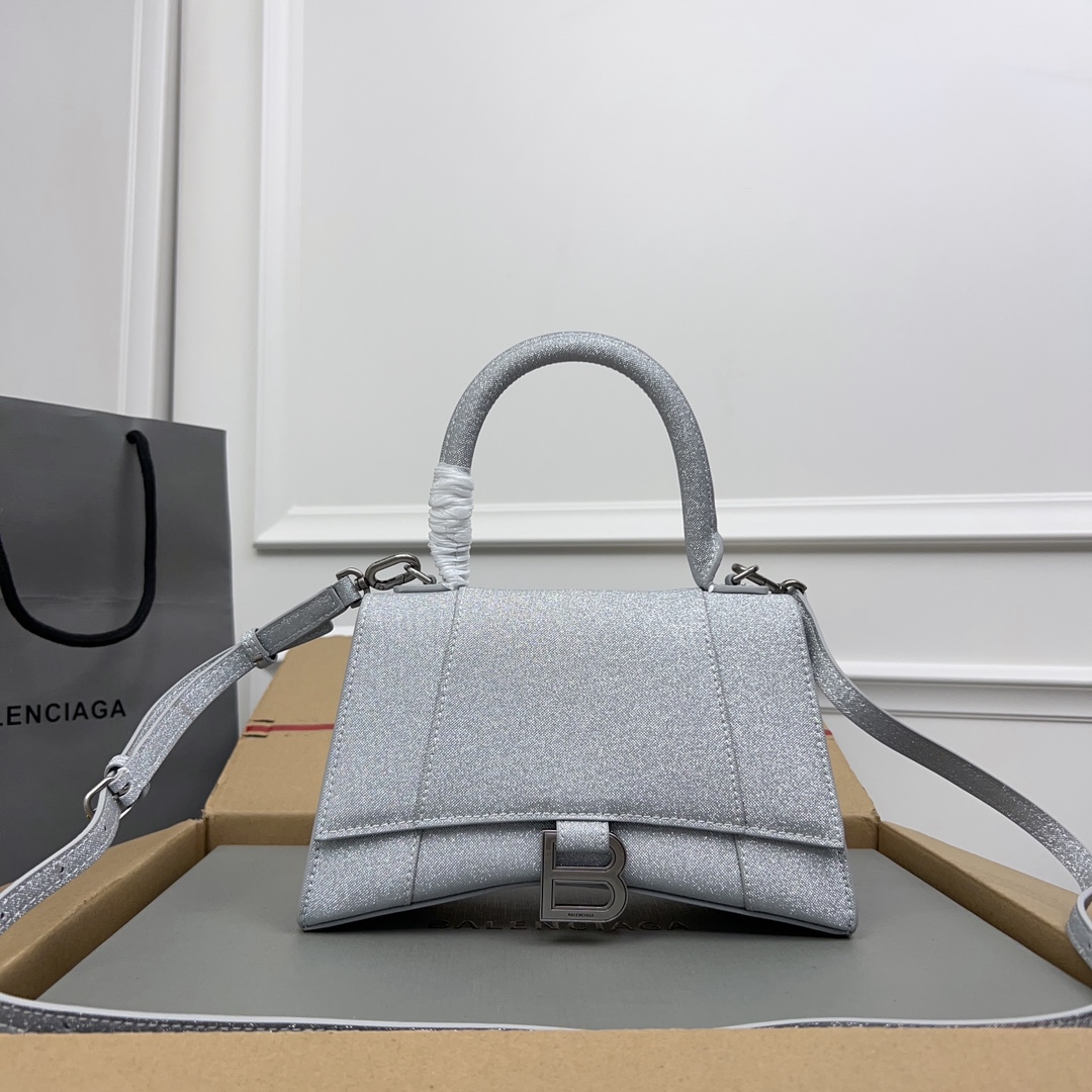 Balenciaga Women’s Hourglass Bag in Silver Glitter –