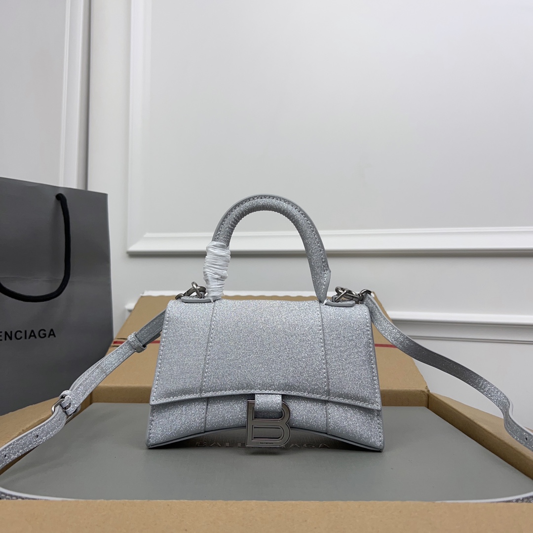 Balenciaga 2022 Glitter Hourglass XS Handle Bag – Silver Handle Bags, Handbags