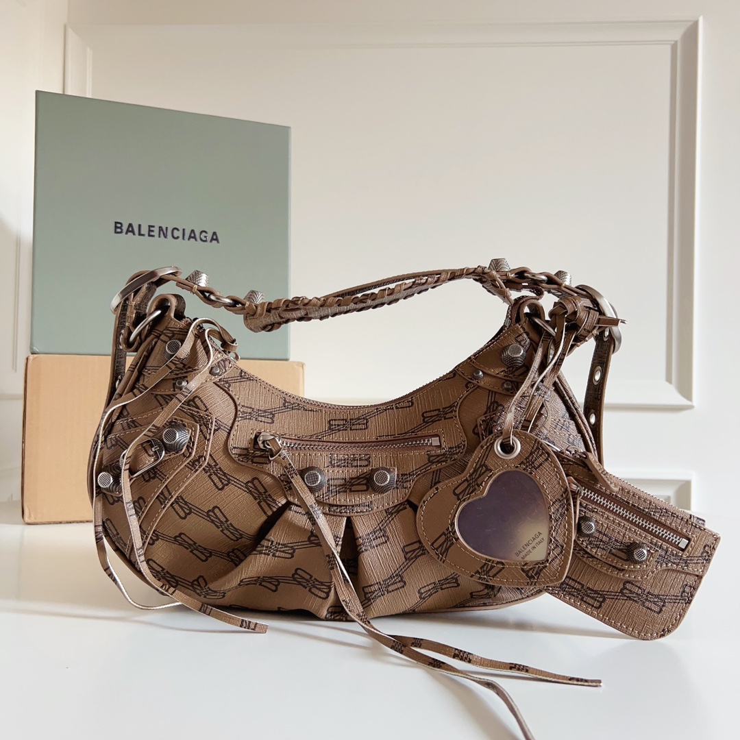 BALENCIAGA Coated Canvas BB Monogram Le Cagole Shoulder Bag XS Beige Brow