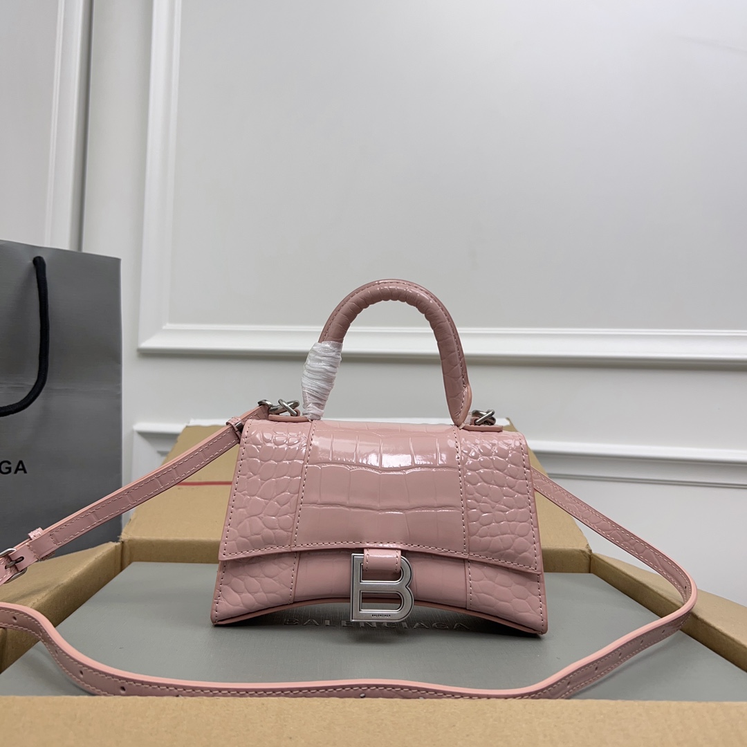 BALENCIAGA Shiny Calfskin Crocodile Embossed Small PINK