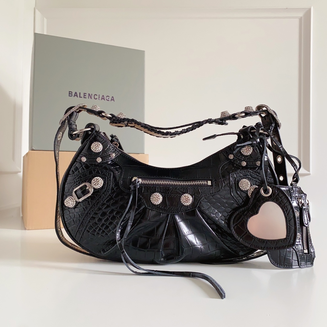 Balenciaga Le Cagole Medium Shoulder Bag Metallized Crocodile Embossed with Rhinestones