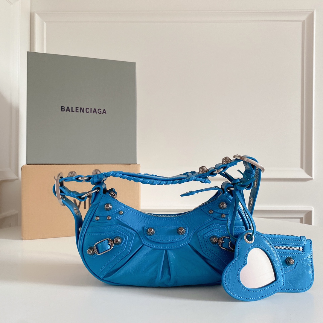 BALENCIAGA Agneau Arena Le Cagole Shoulder Bag XS Cyan