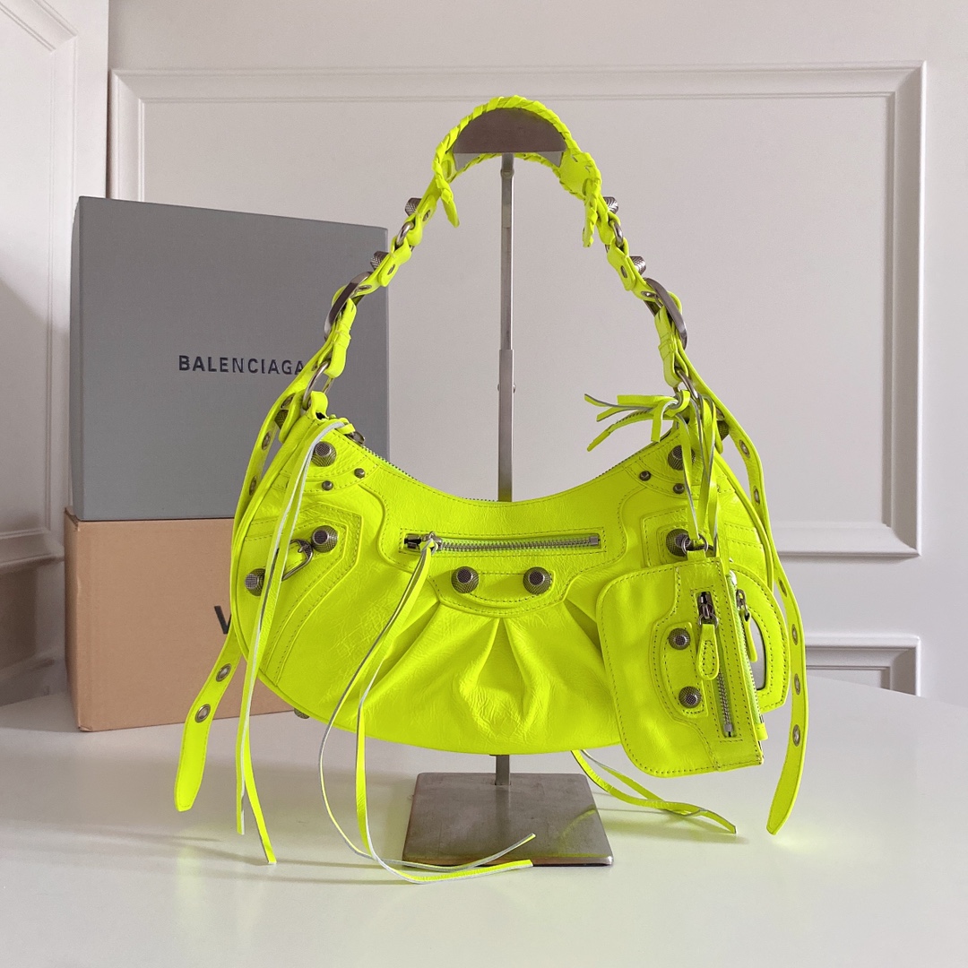 BALENCIAGA Agneau Arena Le Cagole Shoulder Bag XS Fluo