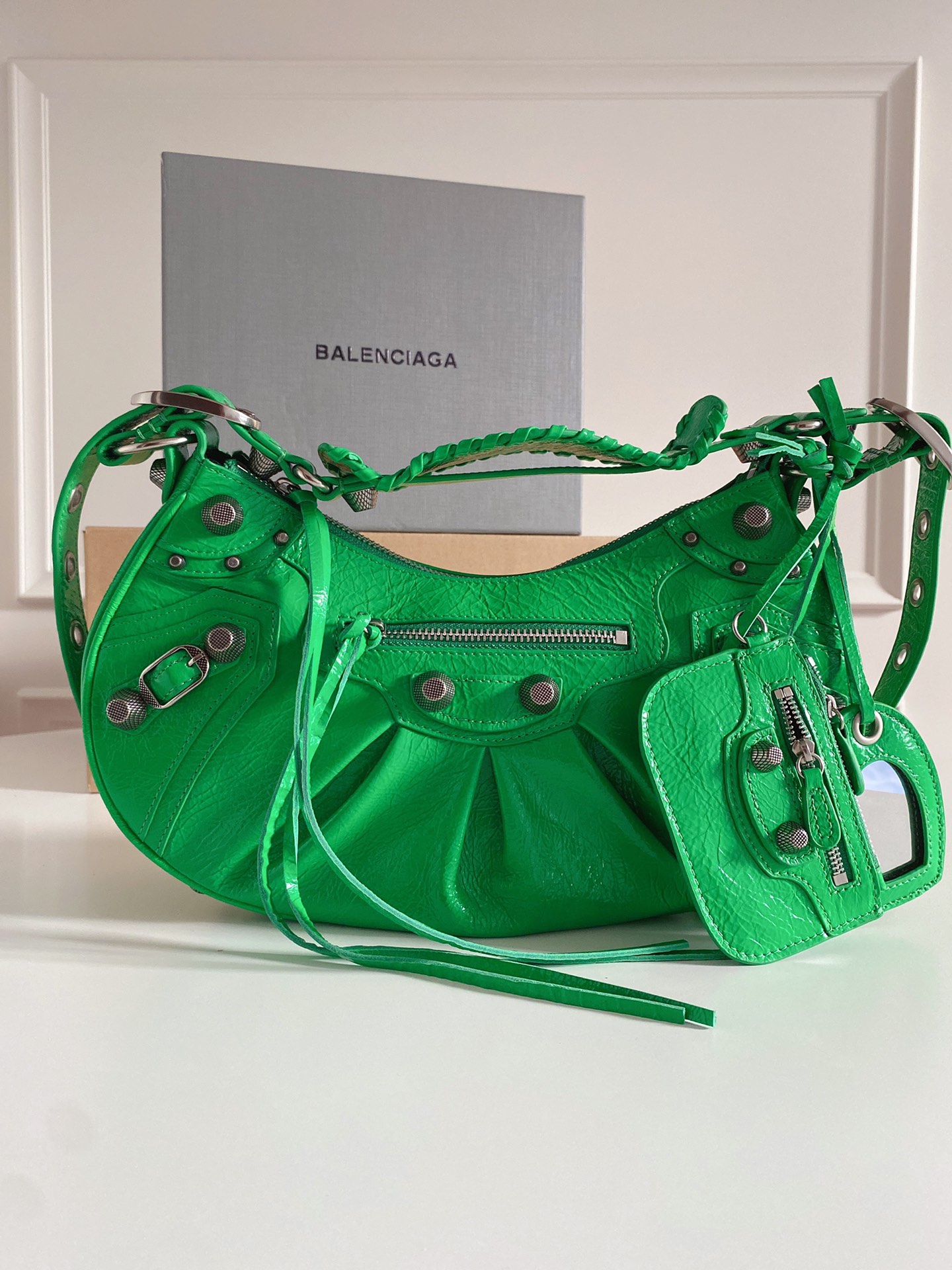 BALENCIAGA Calfskin Crocodile Lizard Embossed Small GREEN
