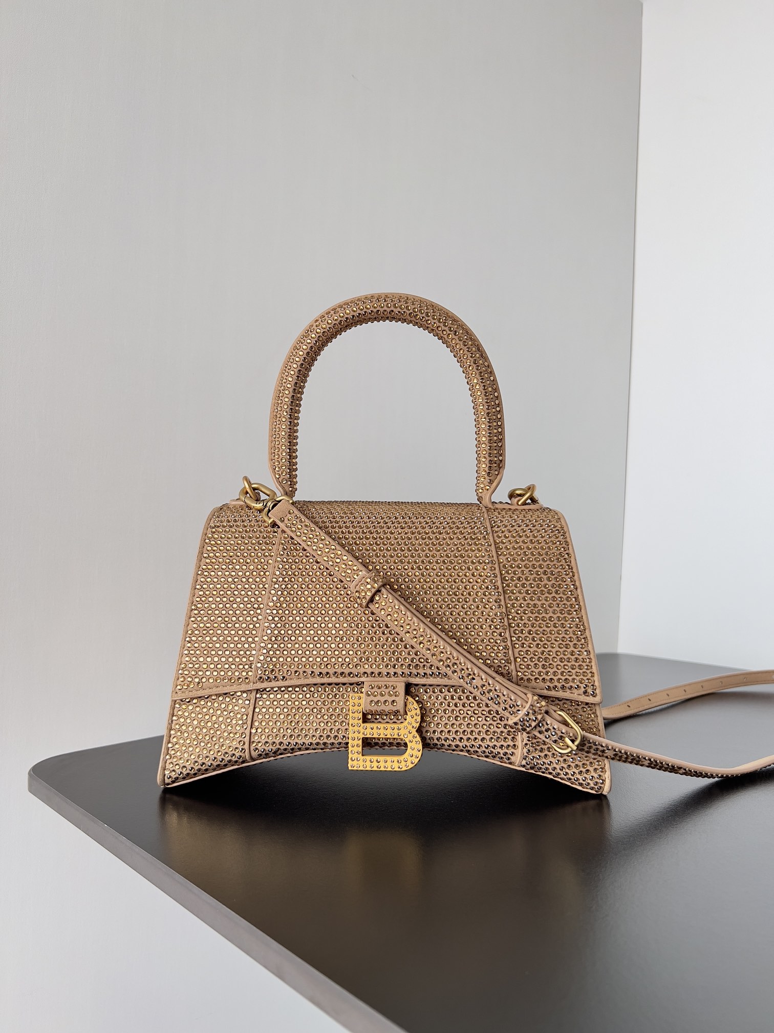Balenciaga Gold/Brown Leather XS Crystal Hourglass Top