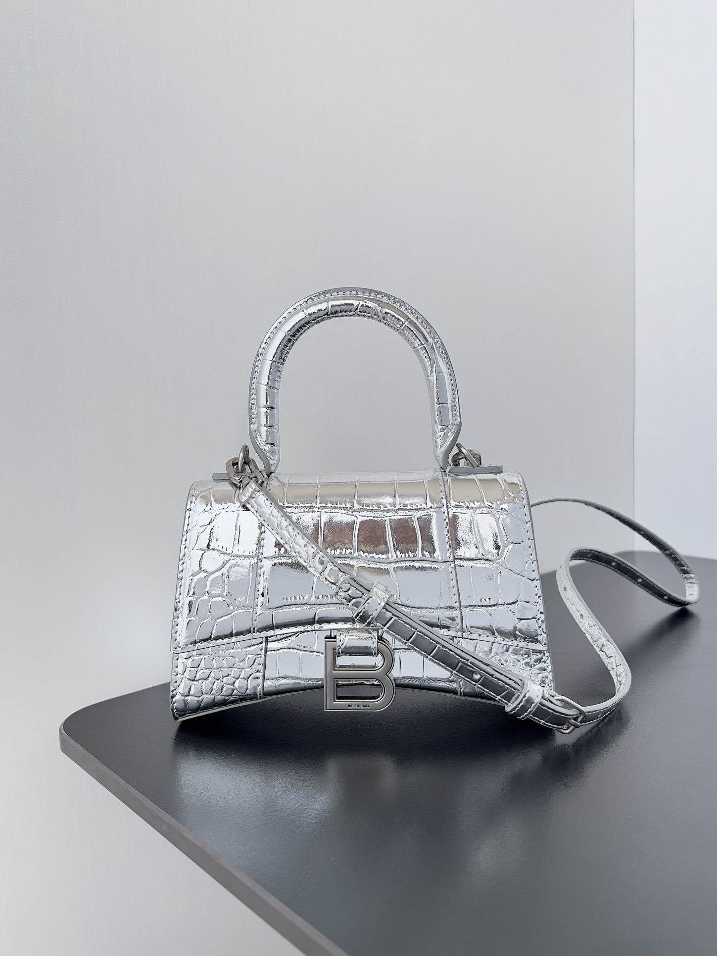 BALENCIAGA Metallic Calfskin Crocodile Embossed Hourglass Top Handle Bag XS Silver 1670692