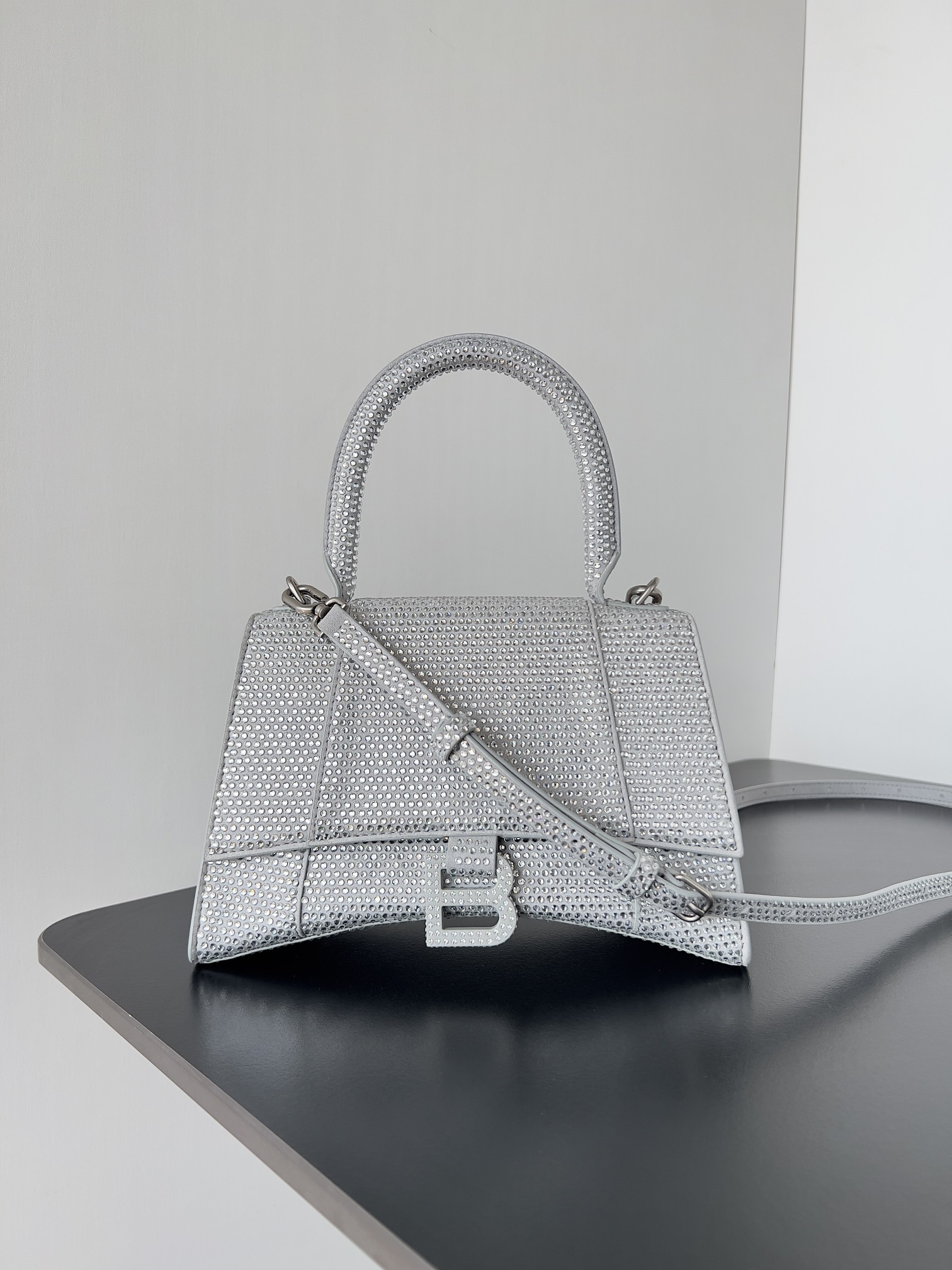 BALENCIAGA Strass Suede Hourglass Top Handle Bag XS
