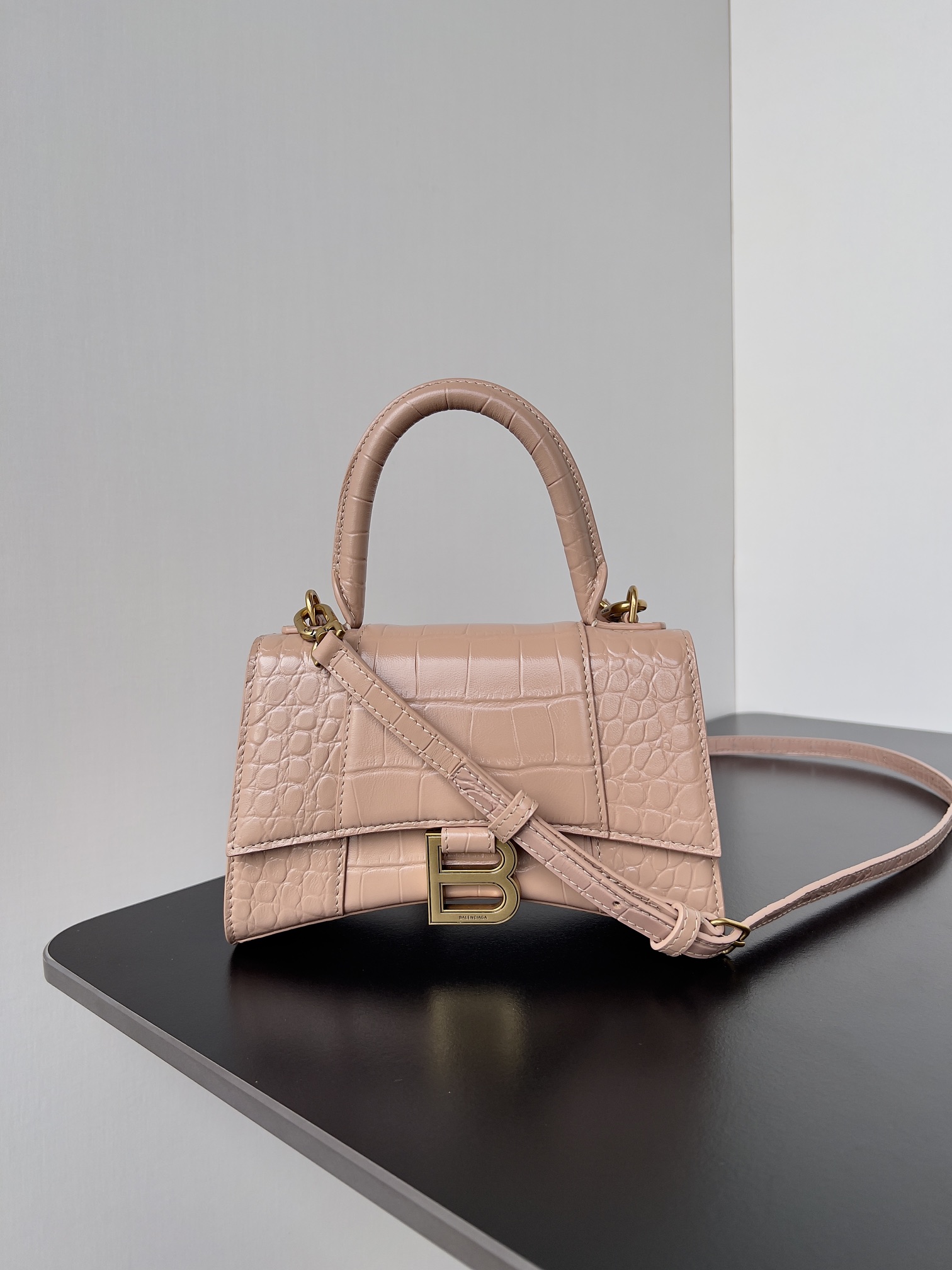 BALENCIAGA Shiny Calfskin Crocodile Embossed Small Hourglass Top Handle Bag Nu