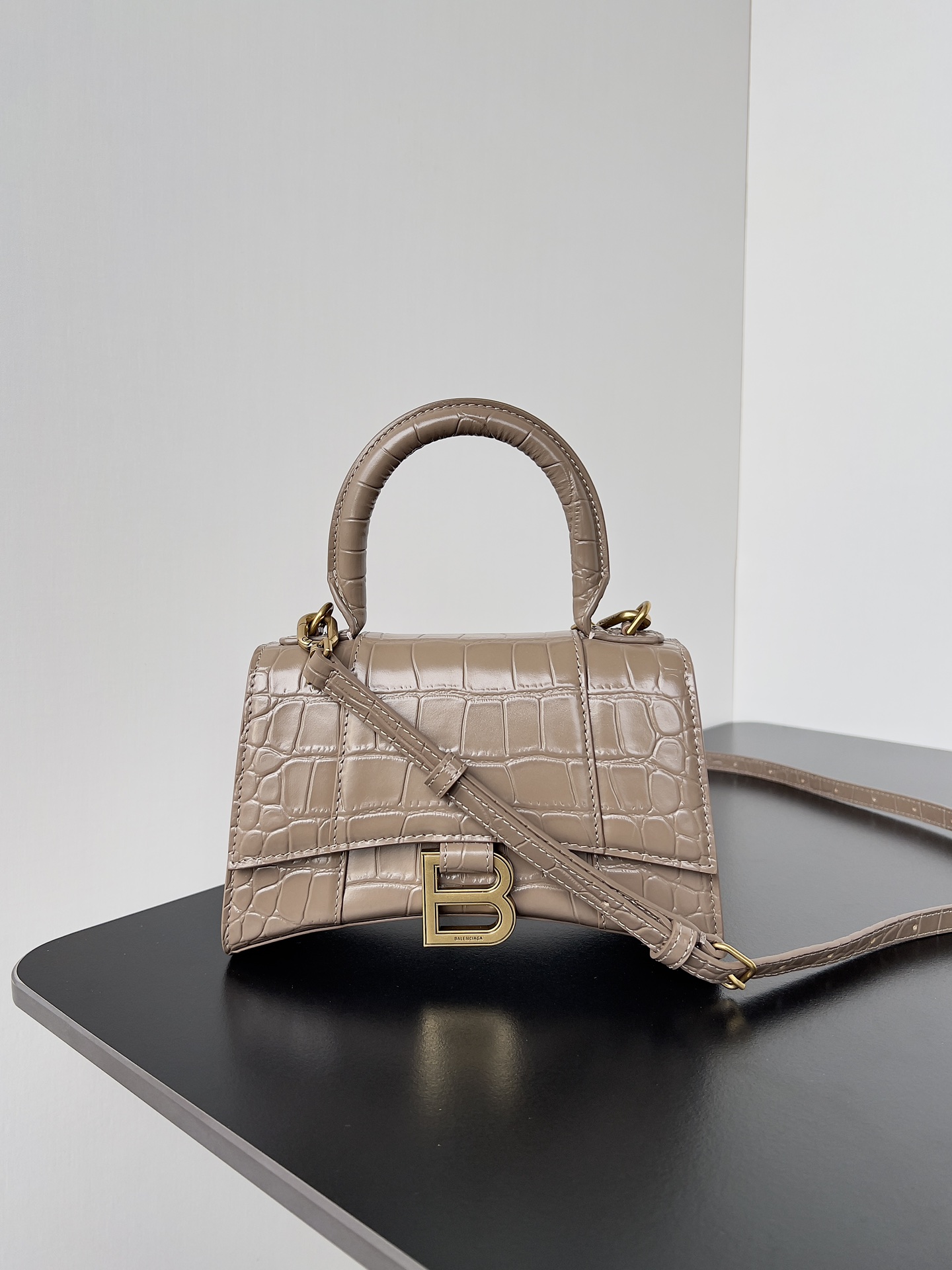 BALENCIAGA Shiny Calfskin Crocodile Embossed Hourglass Top Handle Bag XS Nude Beige 1566034