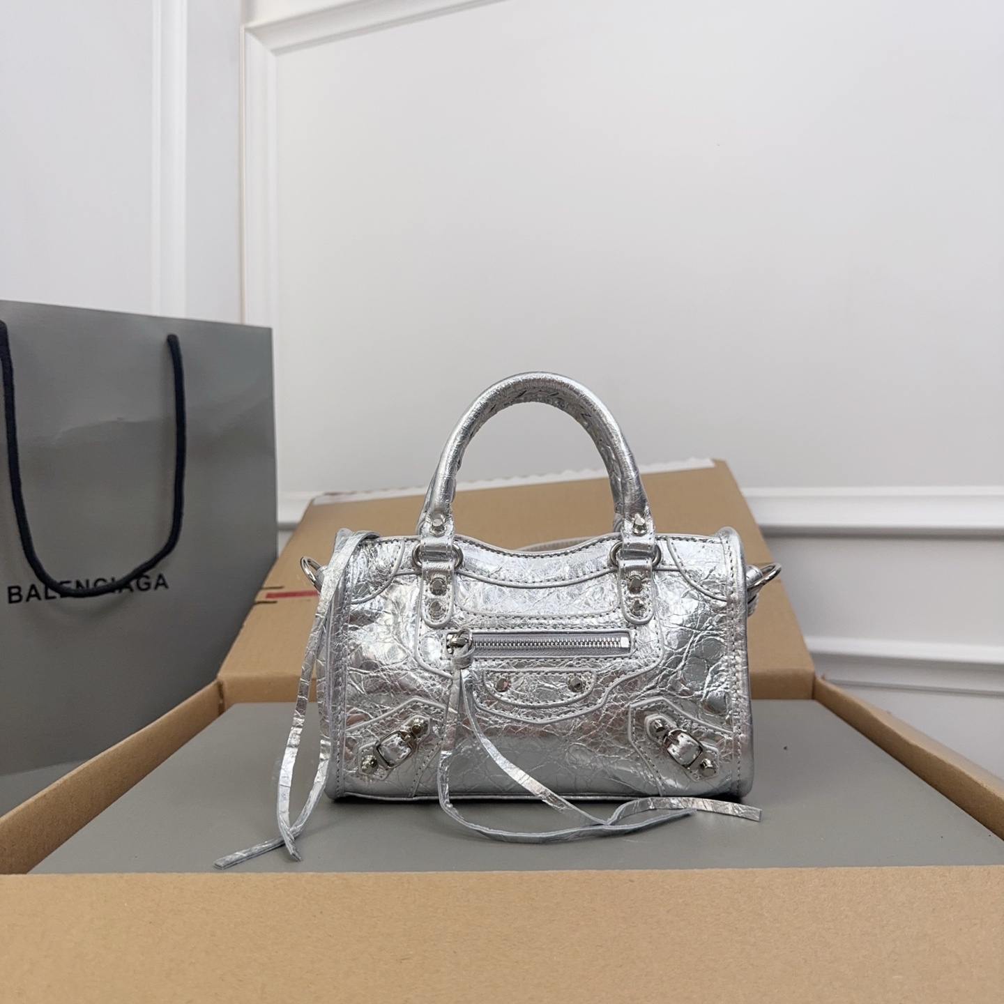 BALENCIAGA Agneau Silver Hardware Mini City Gris Aluminum 1571709