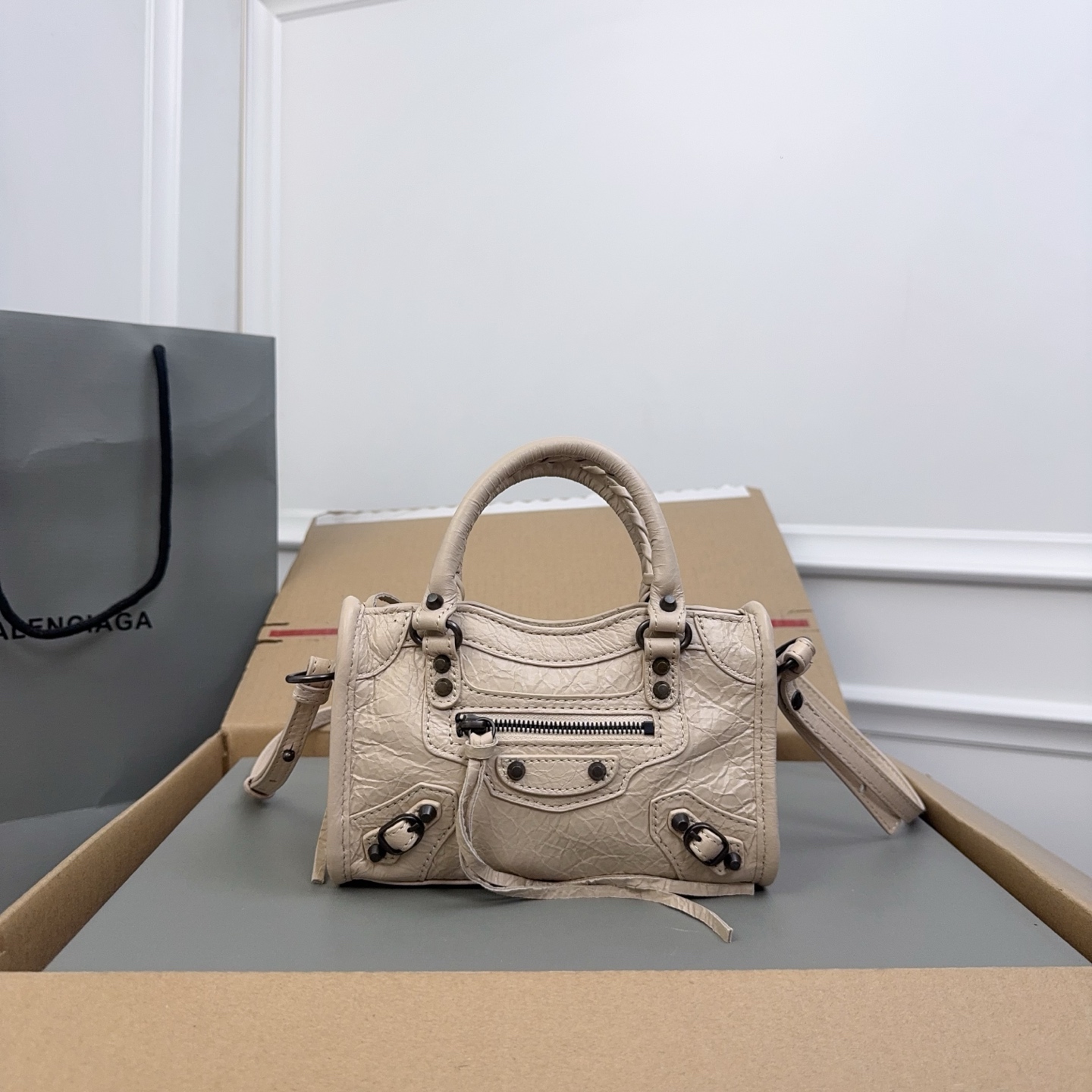 BALENCIAGA Agneau Classic Silver Hardware Mini City Logo