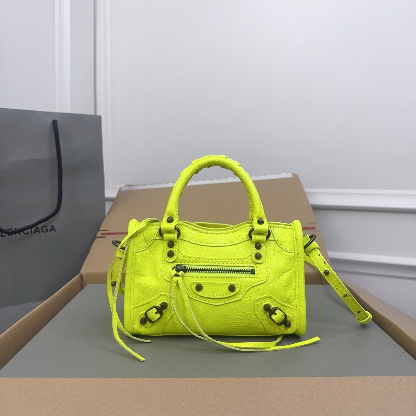 Balenciaga City Classic Studs Bag Leather Mini Yellow 544246
