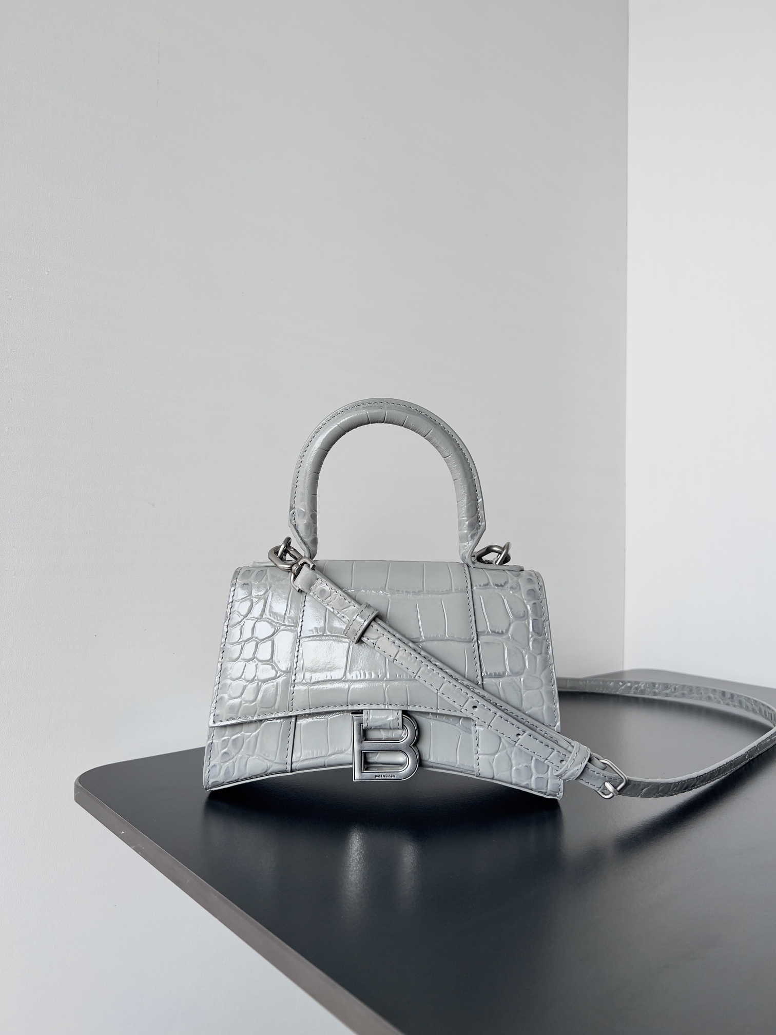 BALENCIAGA Shiny Calfskin Crocodile Embossed Hourglass
