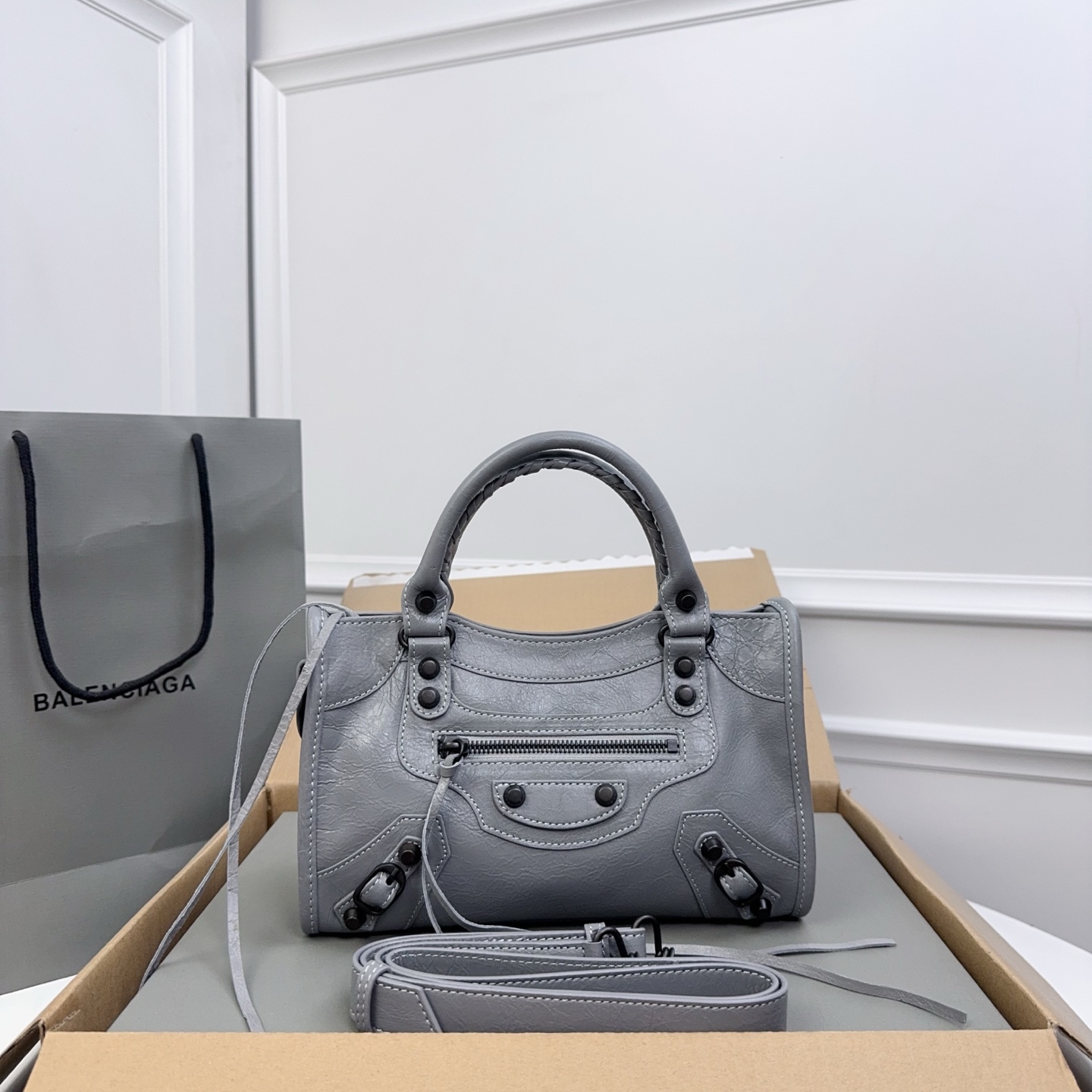 BALENCIAGA Agneau Giant 12 gray Silver Hardware Mini City Gris