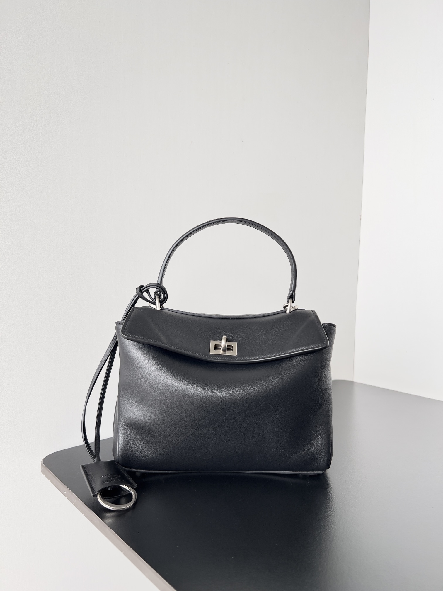 BALENCIAGA Natural Smooth Calfskin Small Rodeo Top Handle Handbag Black 1560427