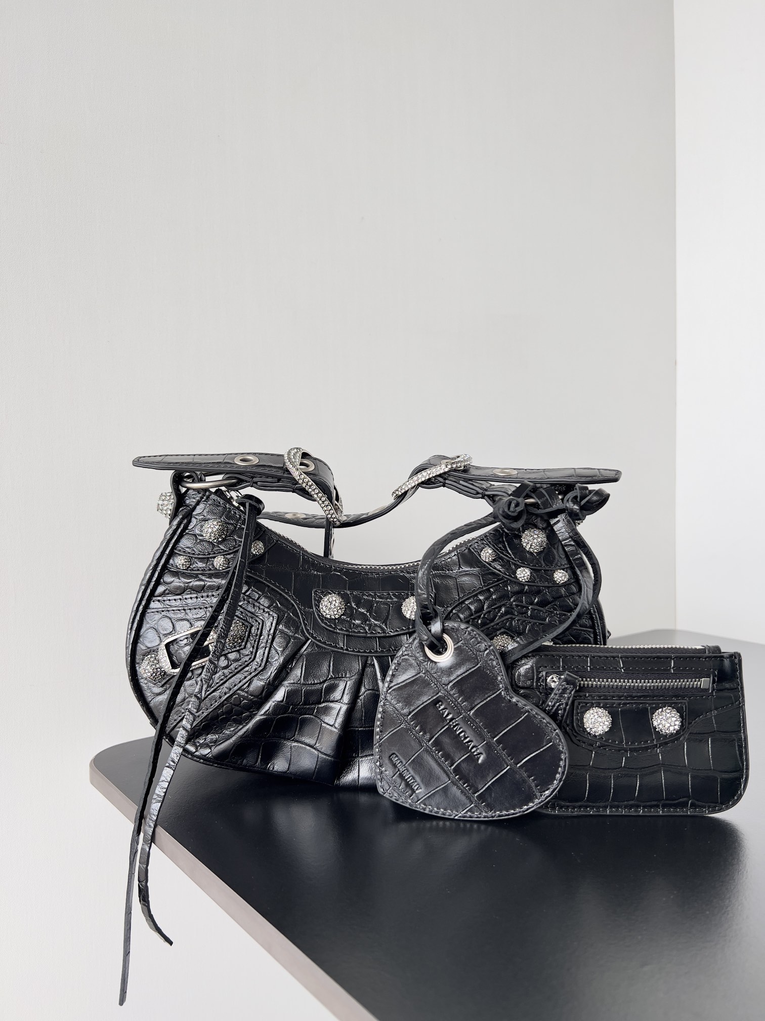 BALENCIAGA XS Le Cagole Black Rhinestones Leather