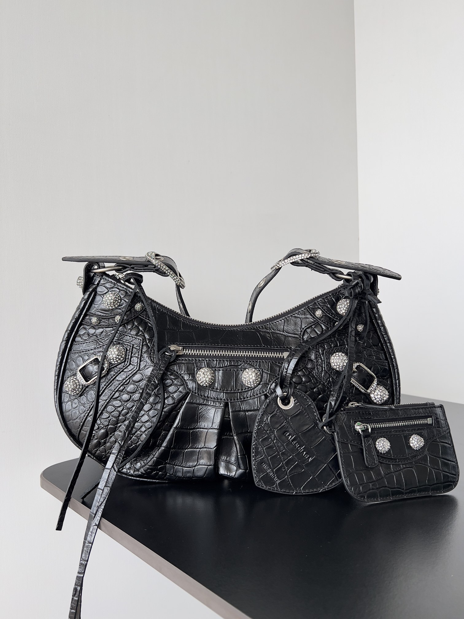 BALENCIAGA Metallic Calfskin Crocodile Embossed Crystal