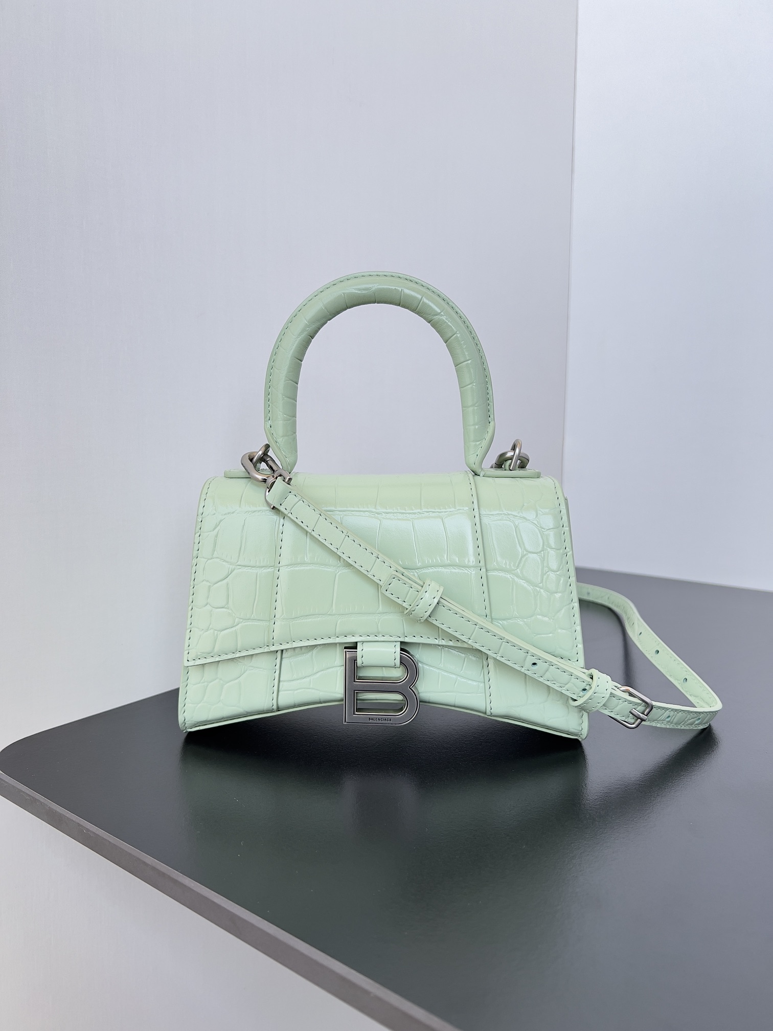 BALENCIAGA Shiny Calfskin Crocodile Embossed Hourglass