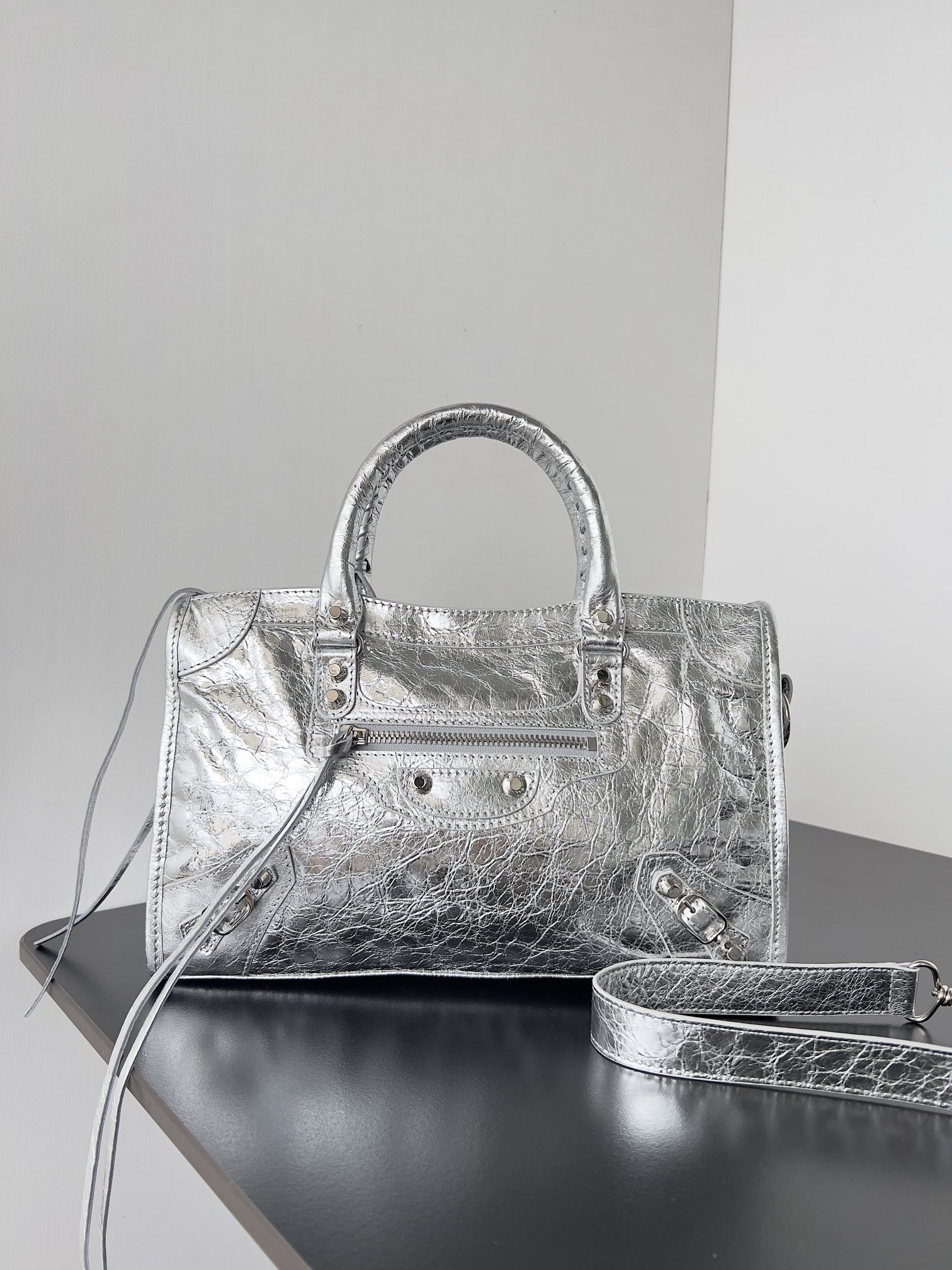 Balenciaga Mini Le City Metallic Lambskin Leather Handbag  siver