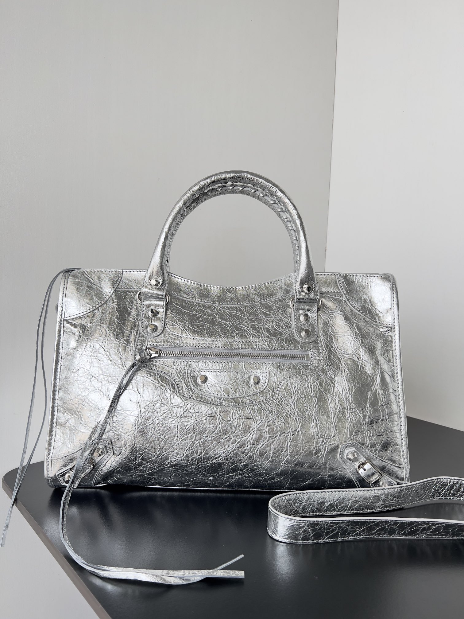 Balenciaga Mini Le City Metallic Lambskin Leather Handbag siver